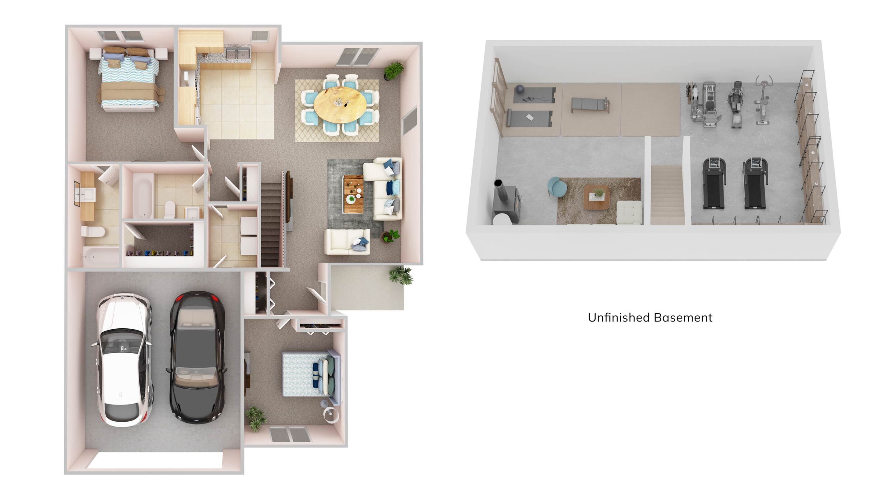 Modern floor plan featuring 2 bedrooms, a spacious living room, an open-concept kitchen and dining area, a two-car garage, and an unfinished basement with potential for gym setup.