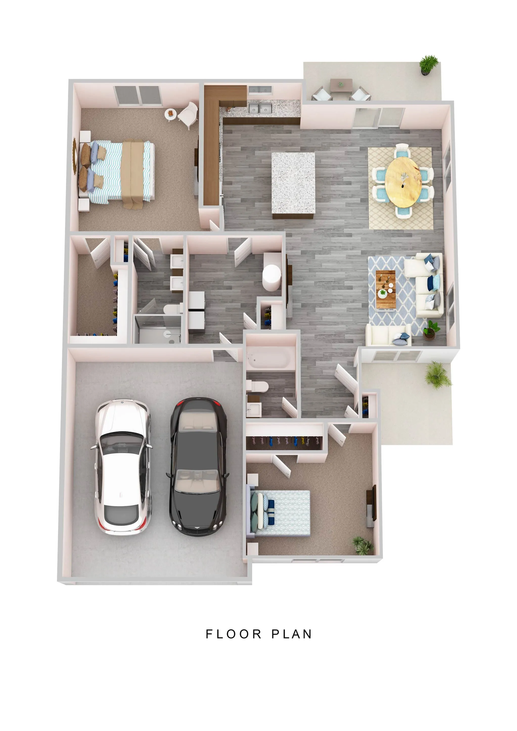 Modern floor plan showcasing 2 bedrooms, open-concept living and dining area, sleek kitchen, dual bathroom setup, and a convenient 2-car garage.