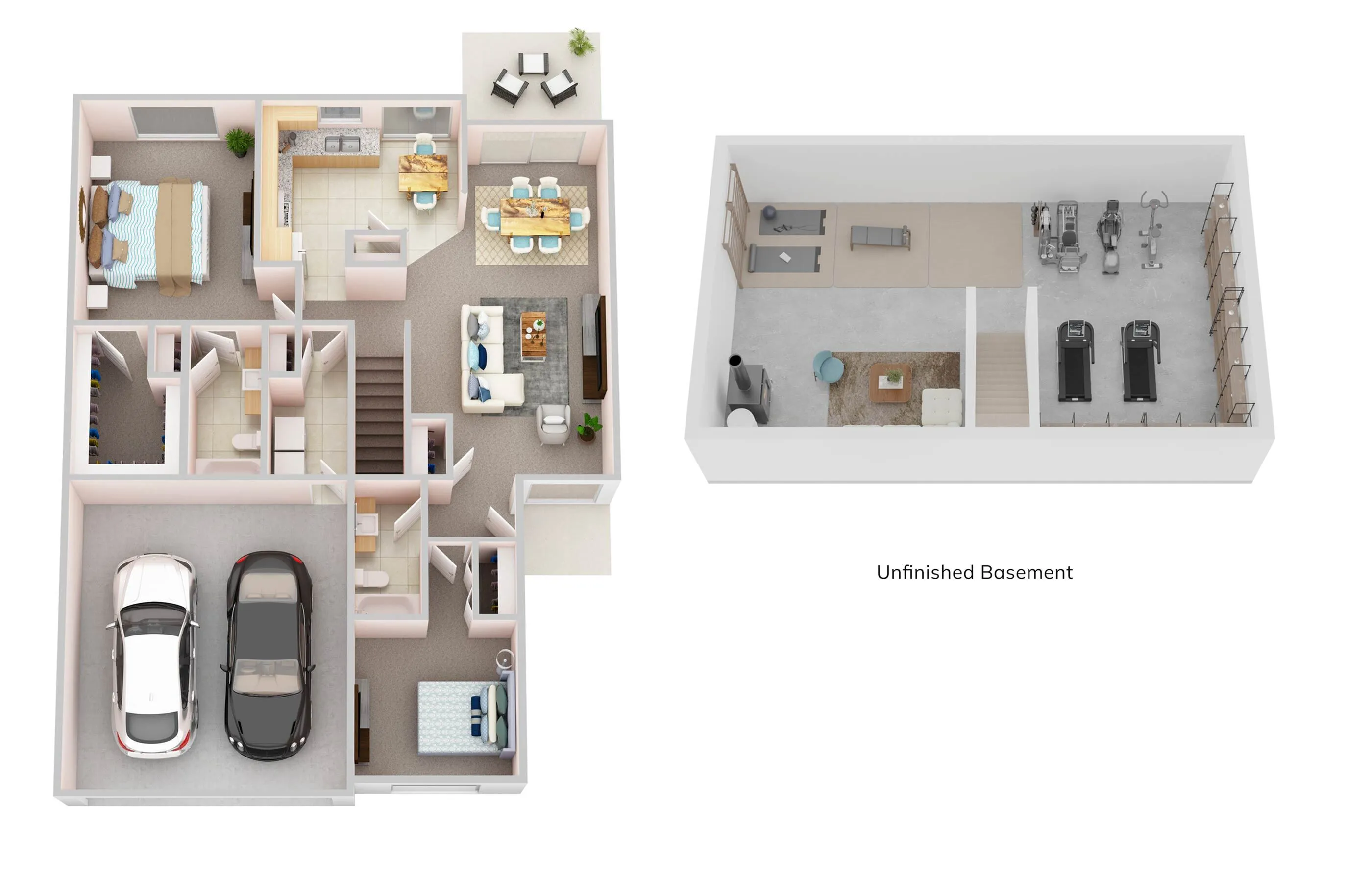 Elegant 3D home floor plan featuring two bedrooms, spacious open-concept living and dining areas, modern kitchen, double garage, and an expansive unfinished basement perfect for gym or recreation space.