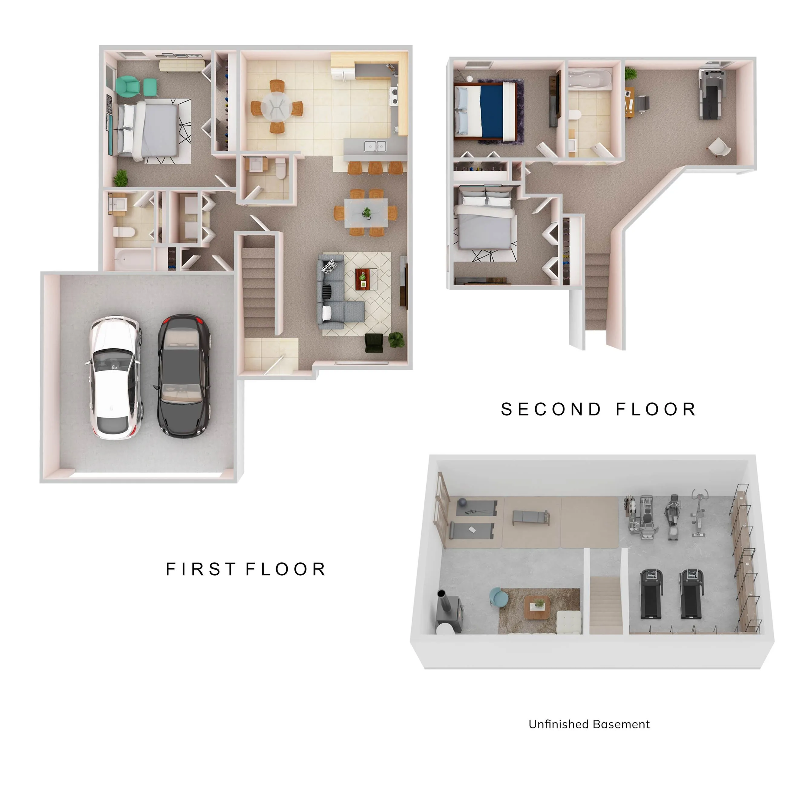Elegant floor plan showcasing a spacious two-story home with three bedrooms, two bathrooms, an open kitchen, cozy living areas, a two-car garage on the first floor, and an unfinished basement featuring a gym setup.