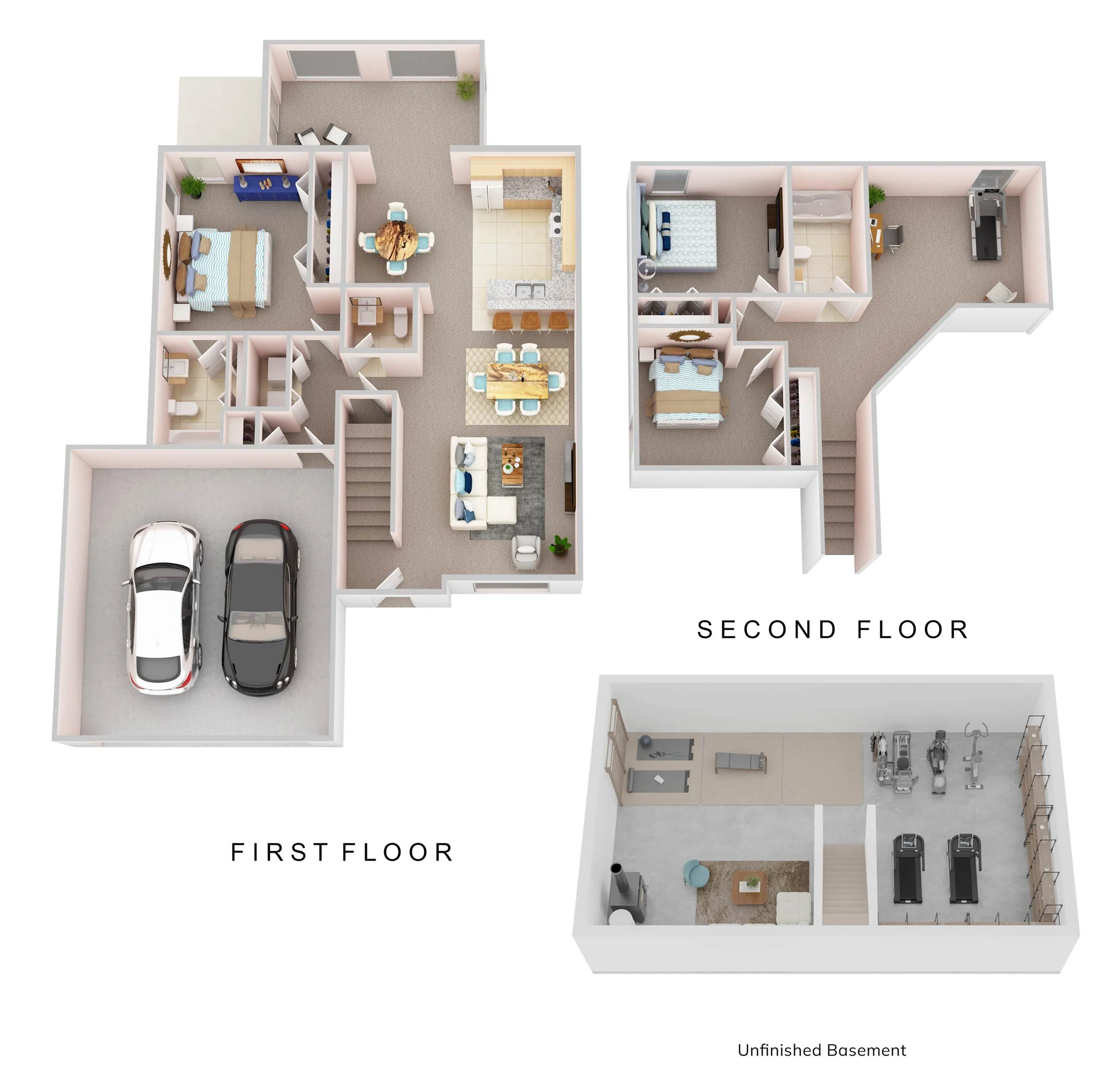 Elegant multi-floor home layout featuring a 3D view with two-car garage, spacious living and dining areas, four bedrooms, and an unfinished basement featuring a gym setup.