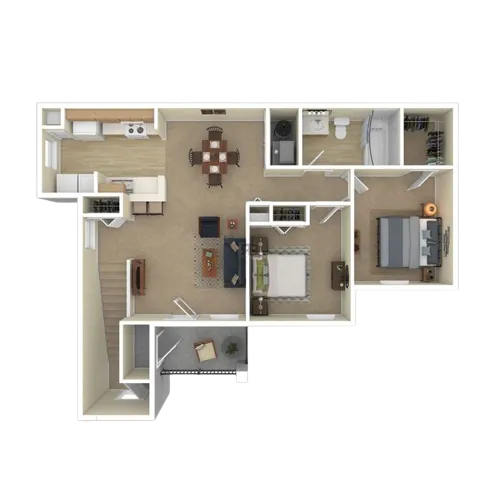 Modern apartment floor plan showcasing 2 bedrooms, an open living and dining area, sleek kitchen, and a spacious bathroom.