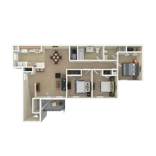 Modern 3D floor plan displaying 3 spacious bedrooms, a contemporary kitchen, and a cozy living area.