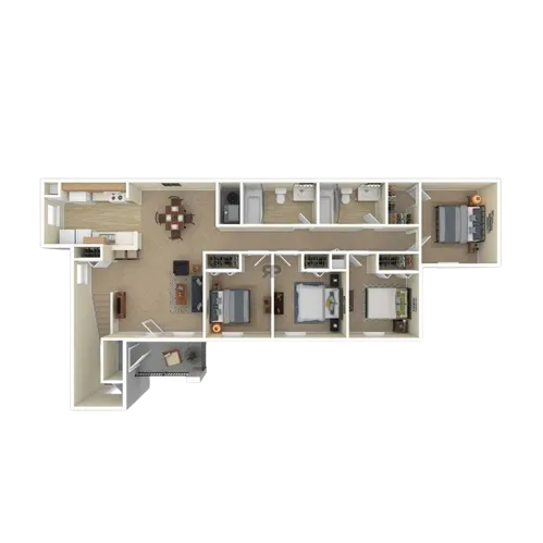 Modern floor plan showcasing 3 spacious bedrooms, a sleek open kitchen, cozy living area, and stylish dining space.