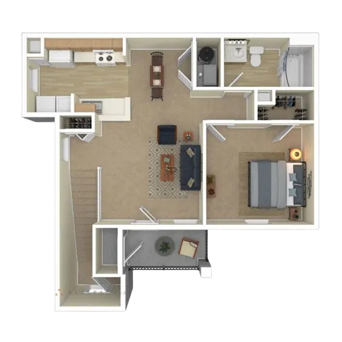 Modern 3D floor plan highlighting a spacious 1-bedroom apartment with an open living area, stylish kitchen, cozy office nook, and a well-appointed bathroom.
