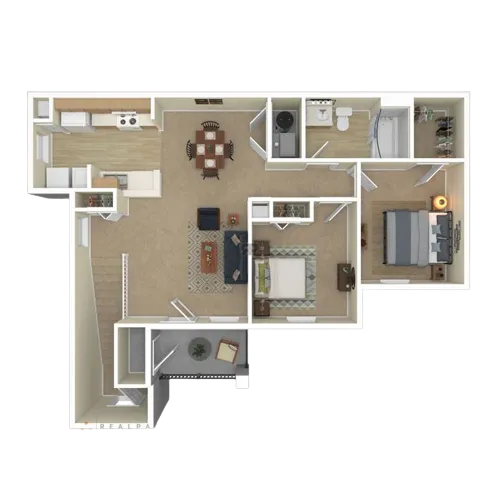 Chic 3D floor plan showcasing 2 bedrooms, a modern kitchen, and a cozy living area with stylish furnishings.