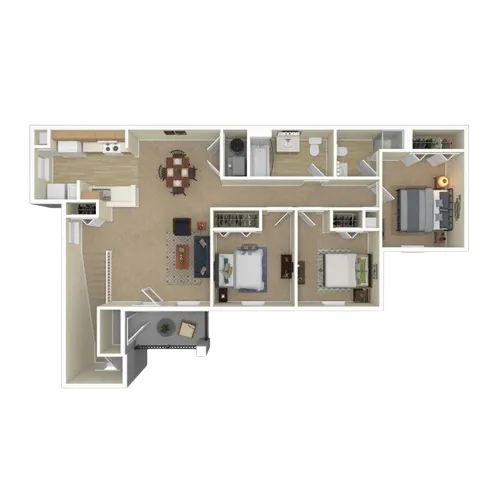 Modern apartment floor plan with three bedrooms, open dining area, and stylish kitchen, featuring cozy living space and two bathrooms.