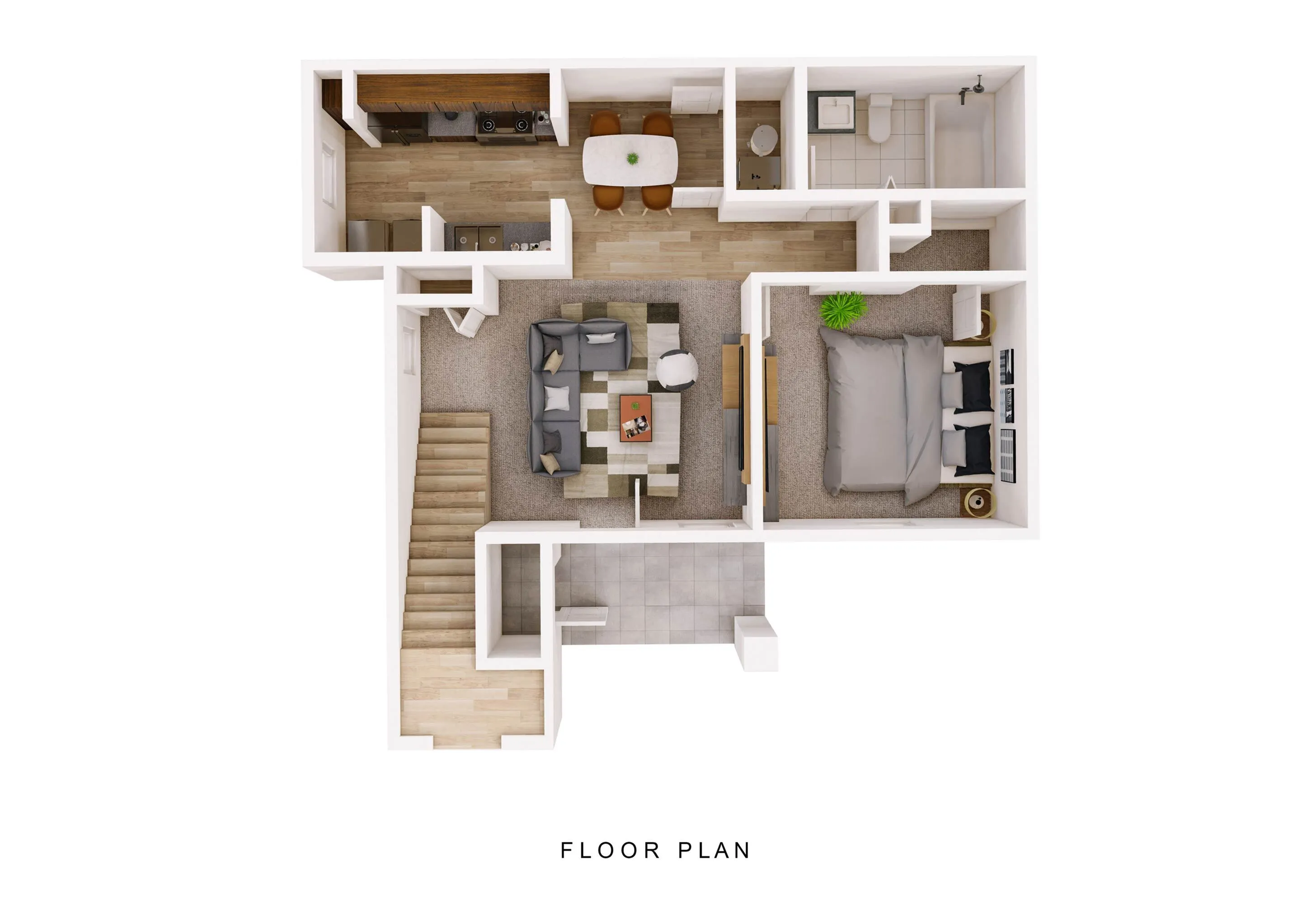 Chic 3D floor plan showcasing a spacious bedroom, cozy living area, stylish kitchen with dining space, and modern bathroom.
