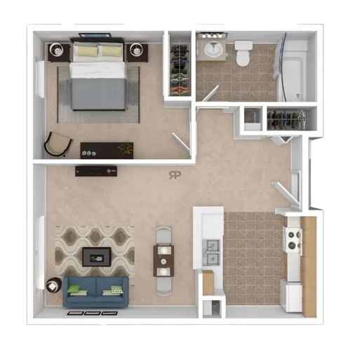 Modern 3D floor plan showcasing a spacious one-bedroom apartment with an open living room, cozy kitchen, and elegant bathroom.
