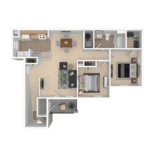 Modern 2D floor plan showcasing 2 bedrooms, an elegant open-concept living and dining area, fully equipped kitchen, and a stylish bathroom.