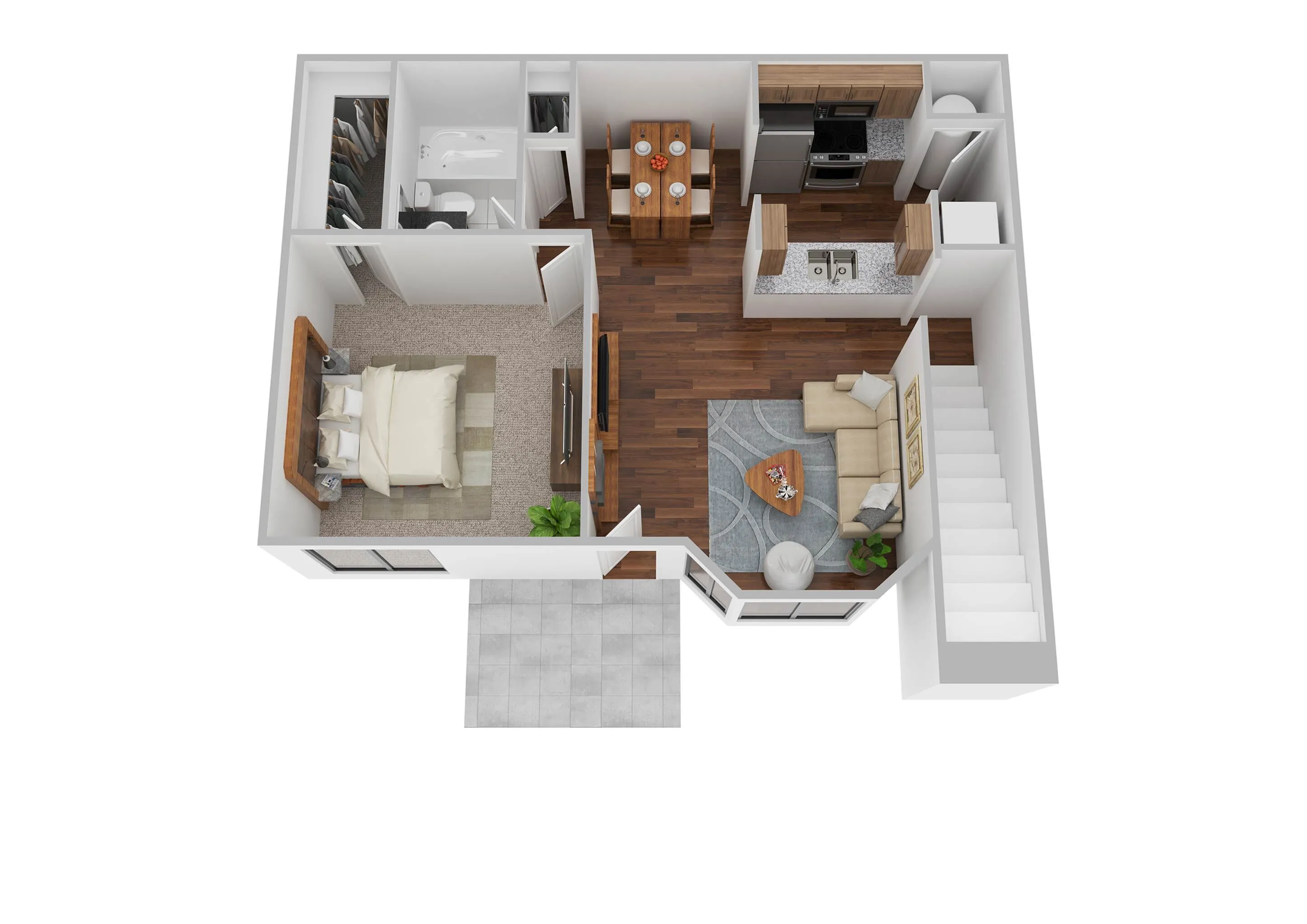 Chic 3D floor plan showcasing a cozy 1-bedroom apartment with a modern kitchen, inviting living area, and elegant dining space.