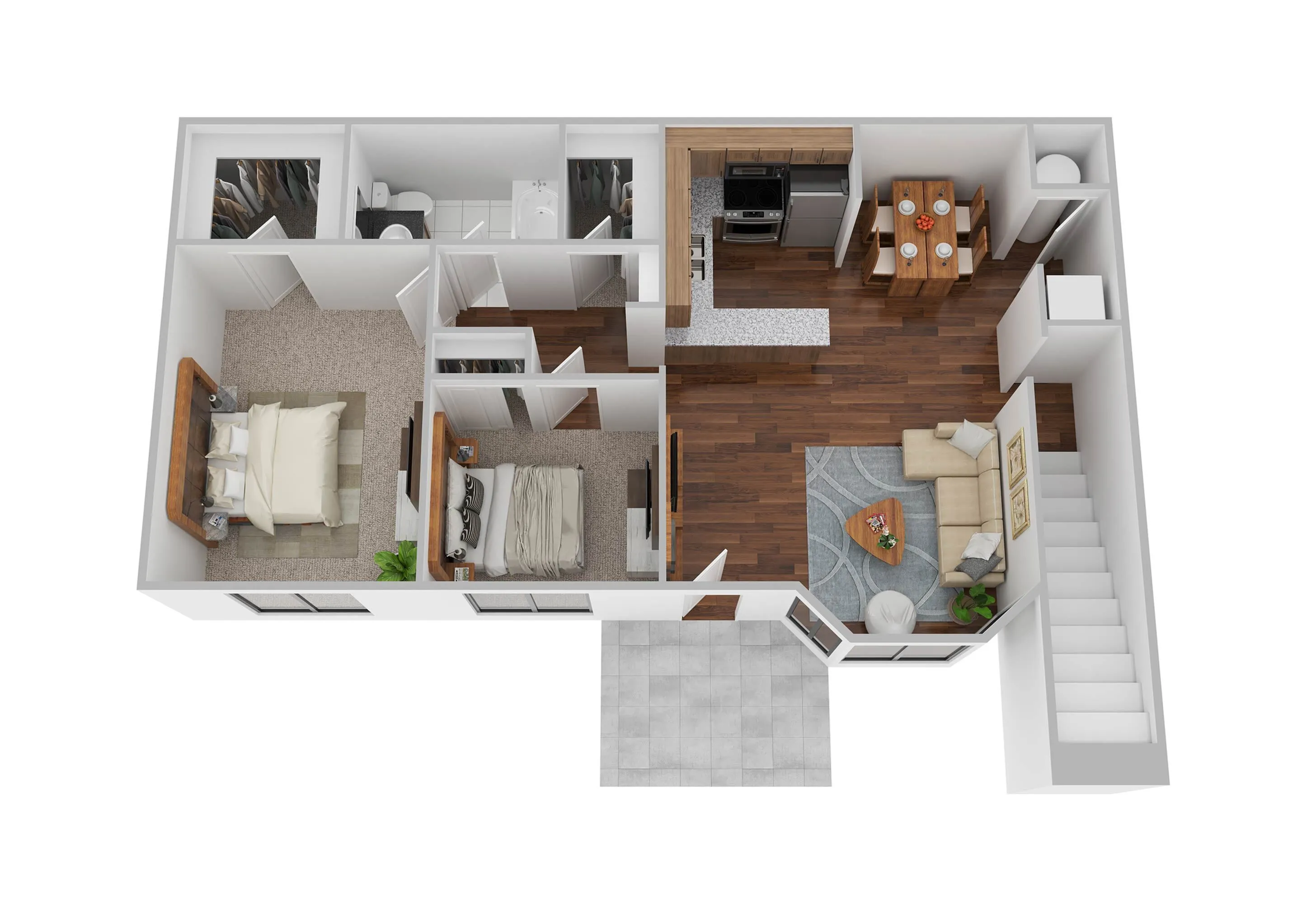 Contemporary floor plan showcasing 2 cozy bedrooms, a sleek kitchen with modern appliances, and an inviting open-plan living area.