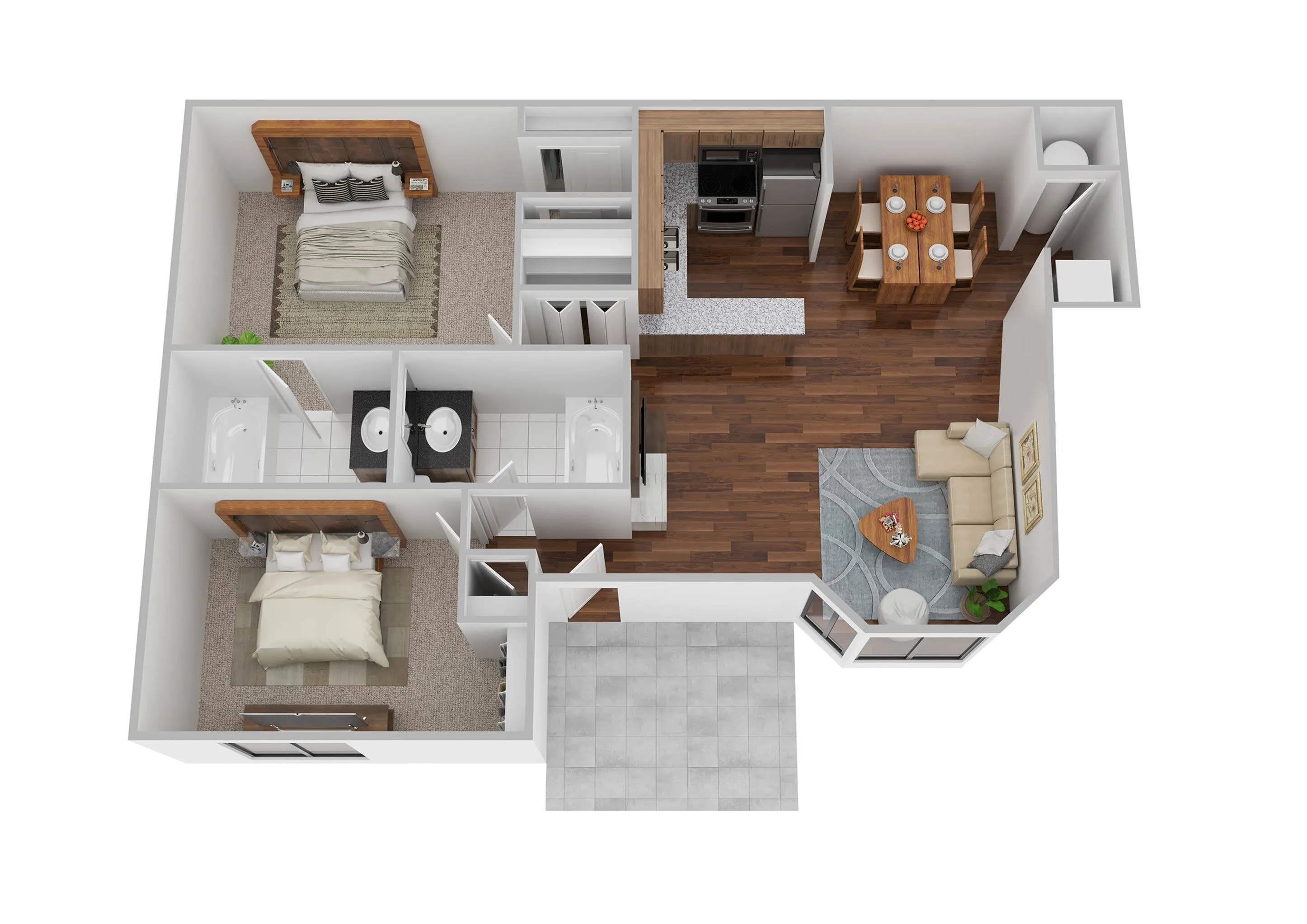 Chic 3D apartment floor plan showcasing a modern open living area, two cozy bedrooms, and a sleek kitchen with dining space.
