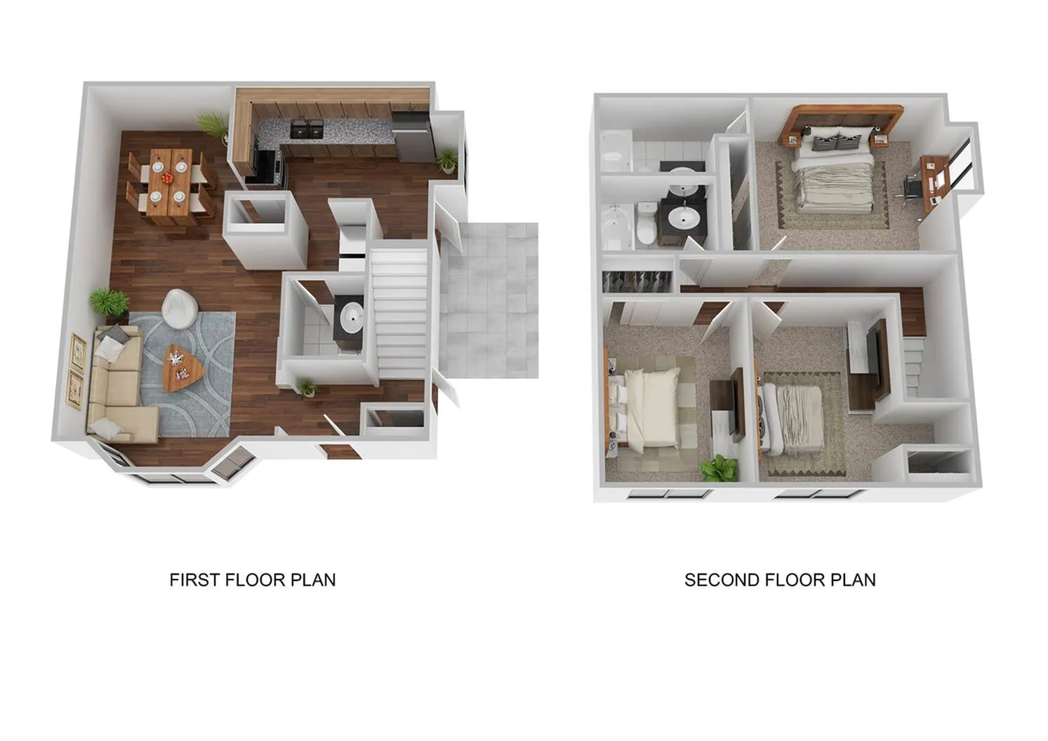 Modern two-story floor plan featuring a welcoming living room and kitchen on the first floor, and two cozy bedrooms with en-suite bathrooms on the second floor.