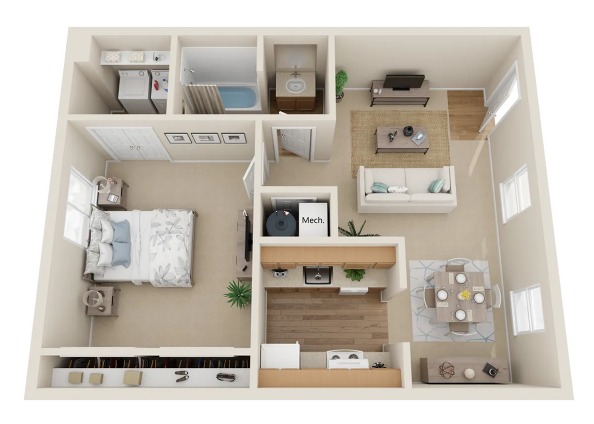 Charming 1-bedroom apartment floor plan featuring an open-concept living area, modern kitchen, cozy dining space, and a sleek bathroom.