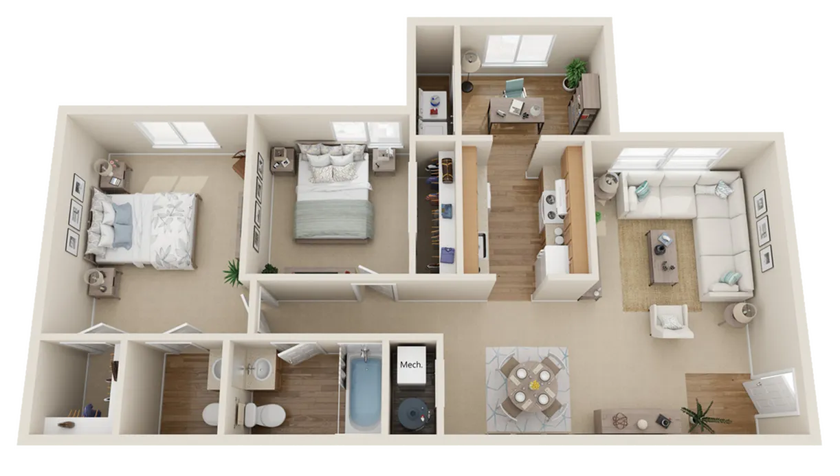 Inviting 3D floor plan showcasing 2 bedrooms, a cozy living room, modern kitchen, and elegant dining area. Perfect blend of comfort and style.