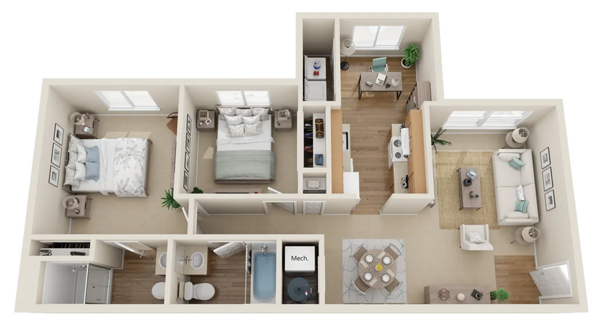Modern 3D floor plan showcasing 2 cozy bedrooms, a stylish living room, elegant dining area, functional kitchen, and a convenient home office space.