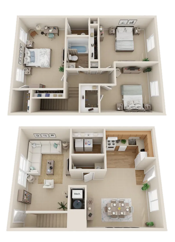 Modern two-story floor plan with three cozy bedrooms, a bright open-concept living area, and a sleek kitchen, perfect for family living.