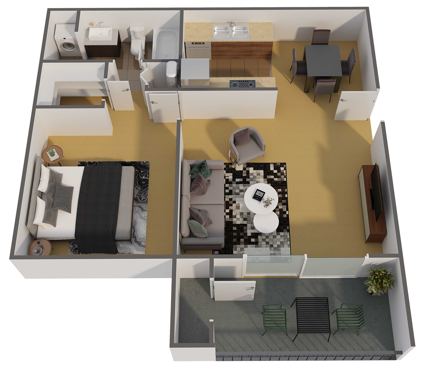 Modern floor plan with one bedroom, stylish open living area, cozy dining space, and private balcony.