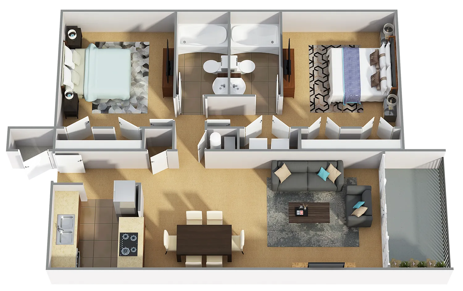 Modern 3D floor plan highlighting 2 spacious bedrooms, a cozy living area, dining space, and a well-equipped kitchen.