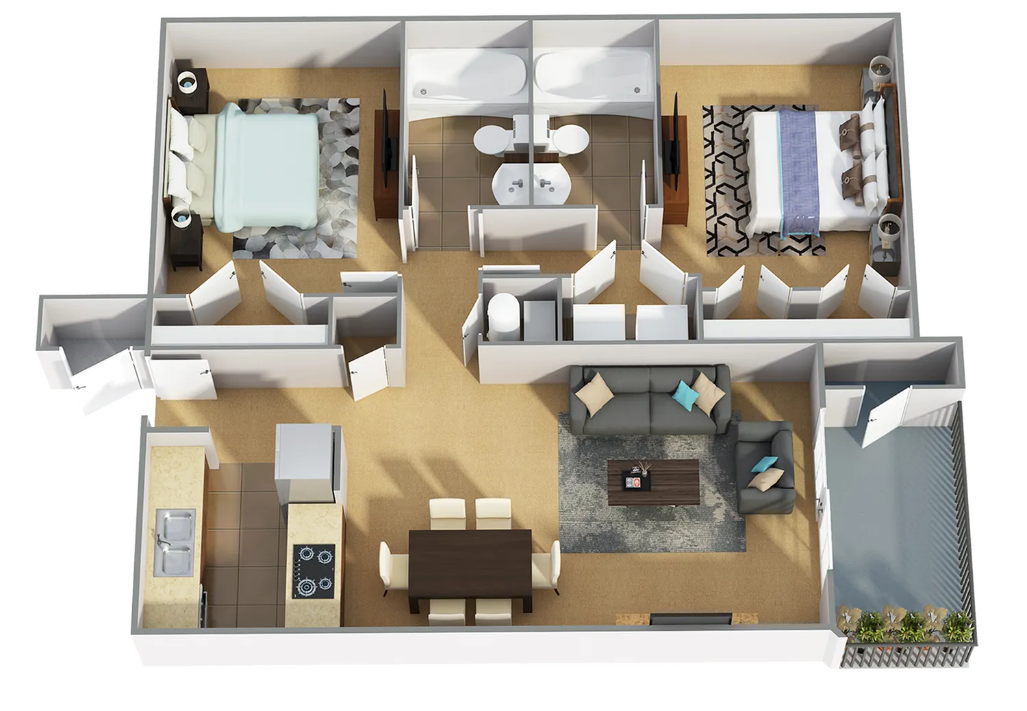 Modern 3D floor plan showcasing two elegant bedrooms, open-concept living and dining area, stylish kitchen, two bathrooms, and a private balcony.