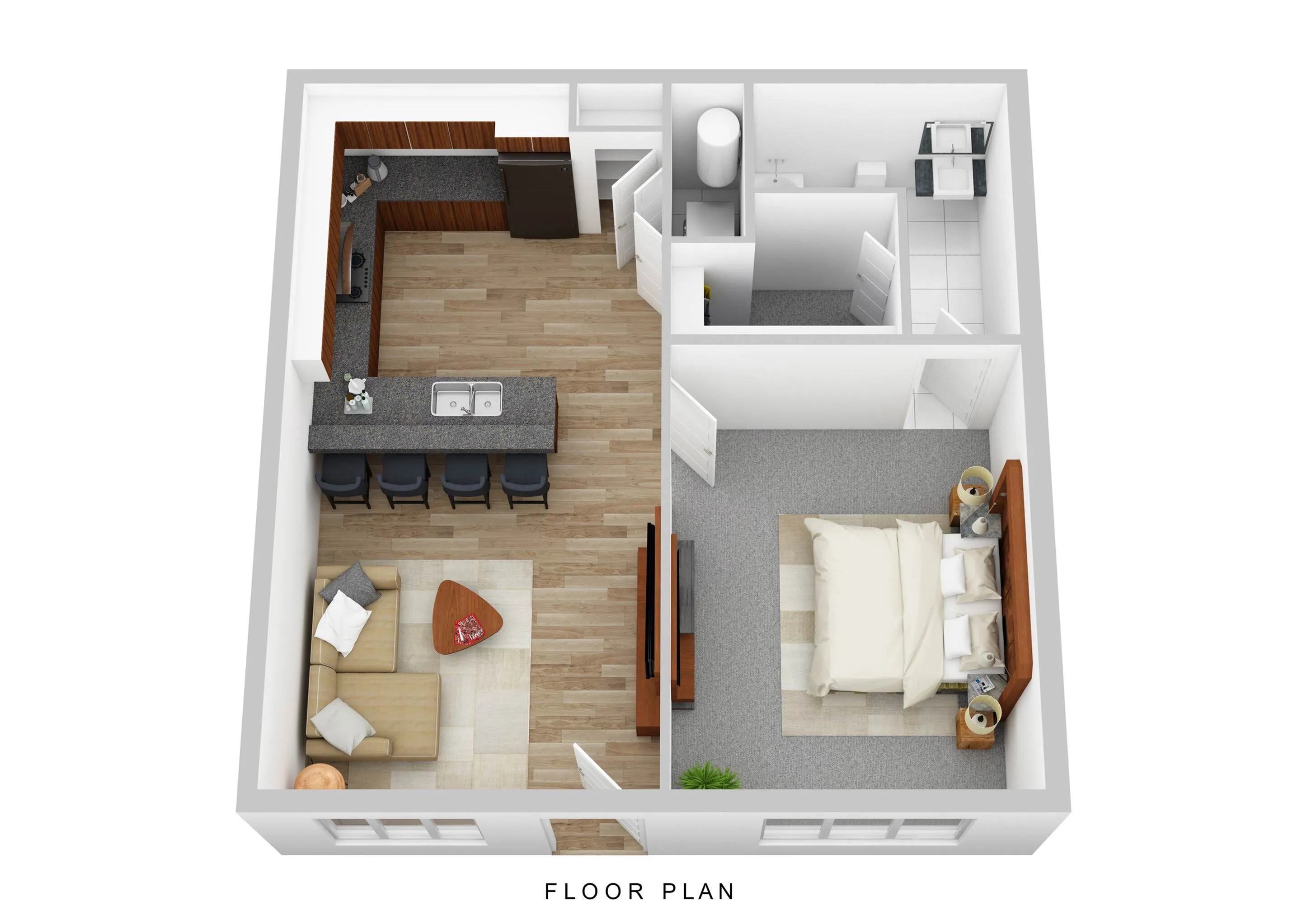 Modern 1-bedroom apartment floor plan with open-concept kitchen and cozy living area, featuring sleek countertops and a stylish bathroom.