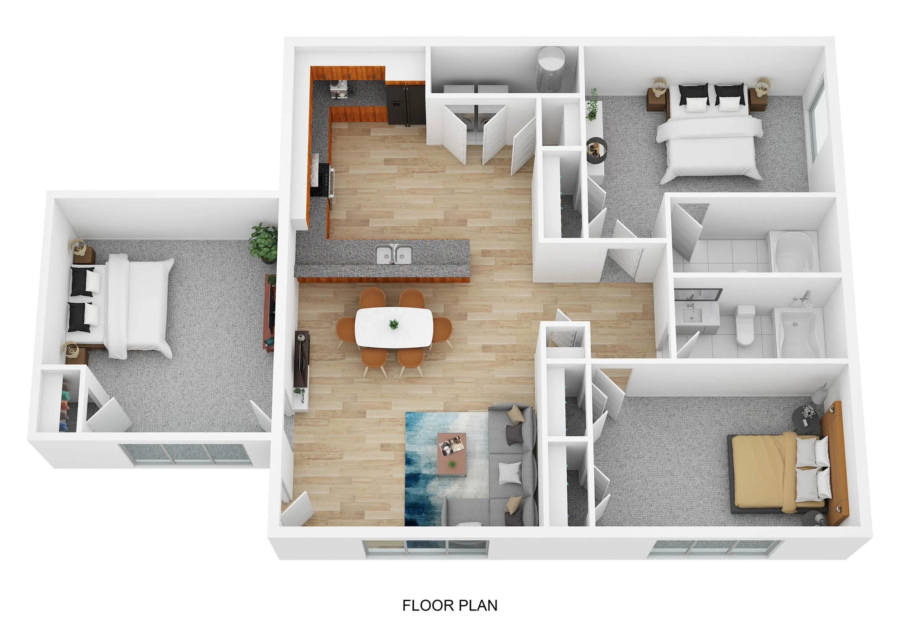 Modern 3D floor plan showcasing 3 bedrooms, an open kitchen with breakfast bar, cozy living room, and elegant dining area.