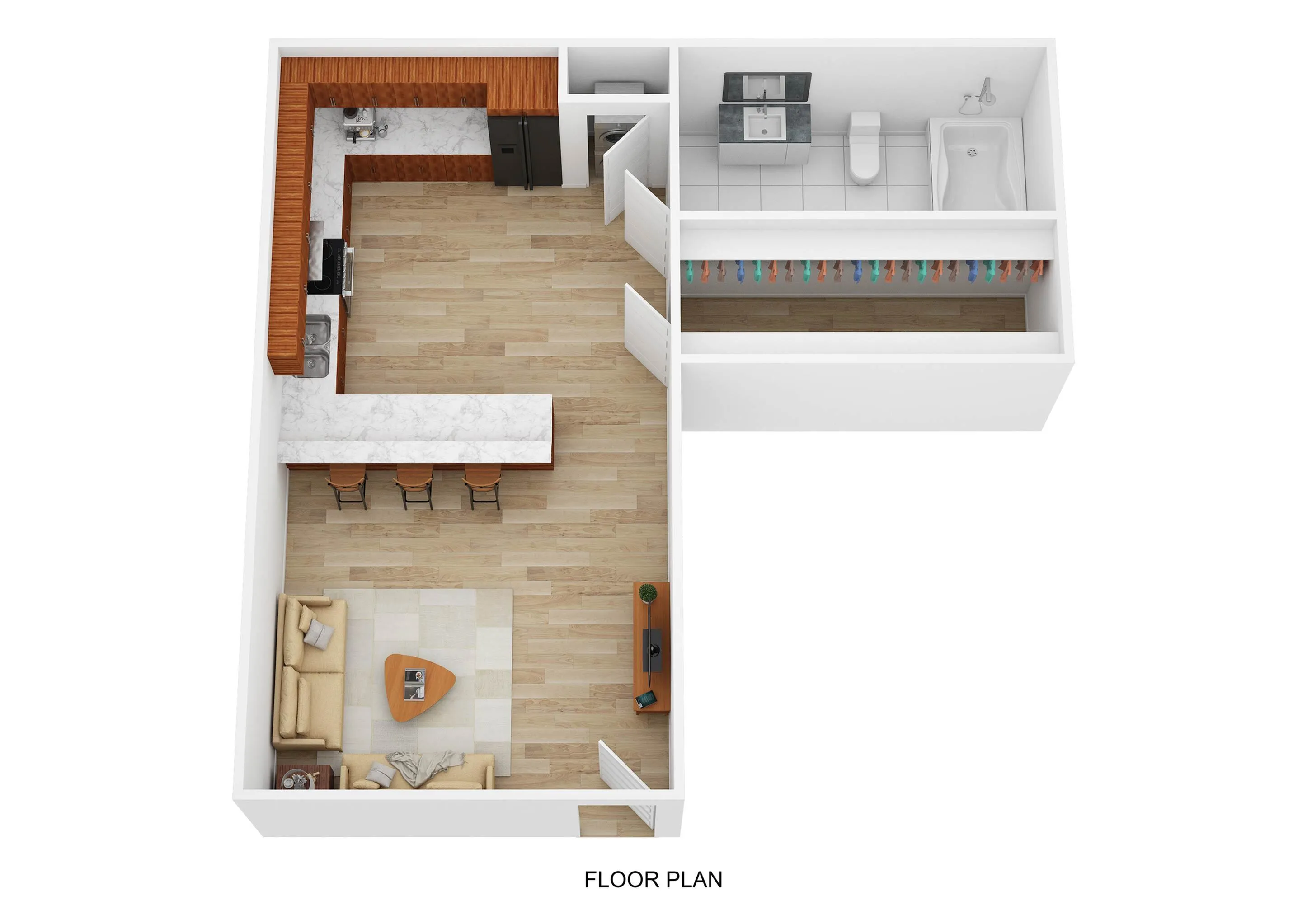 Chic 3D floor plan featuring an open-concept kitchen with a breakfast bar, cozy living area, and a stylish bathroom.