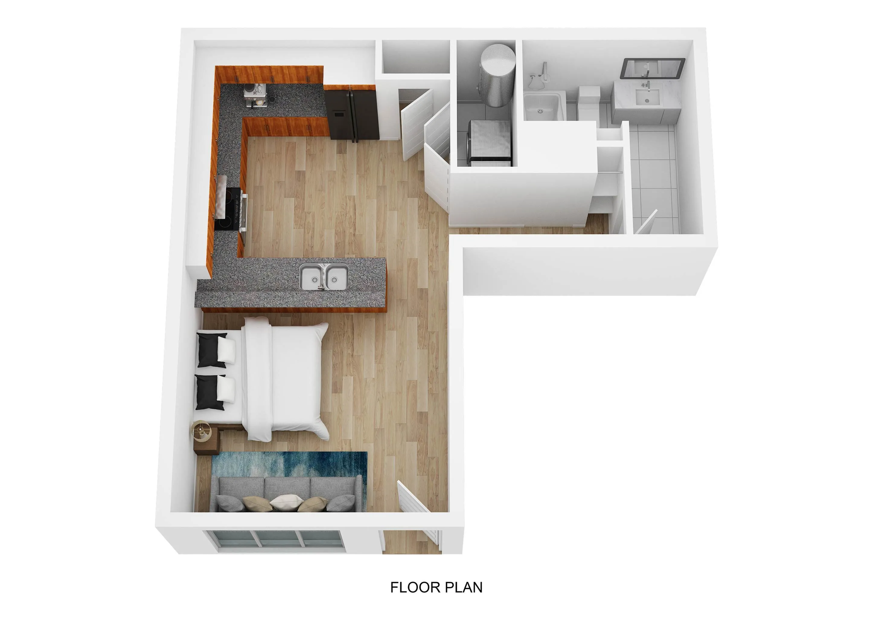 Modern floor plan with one bedroom, cozy kitchen, and sleek bathroom, ideal for urban living.