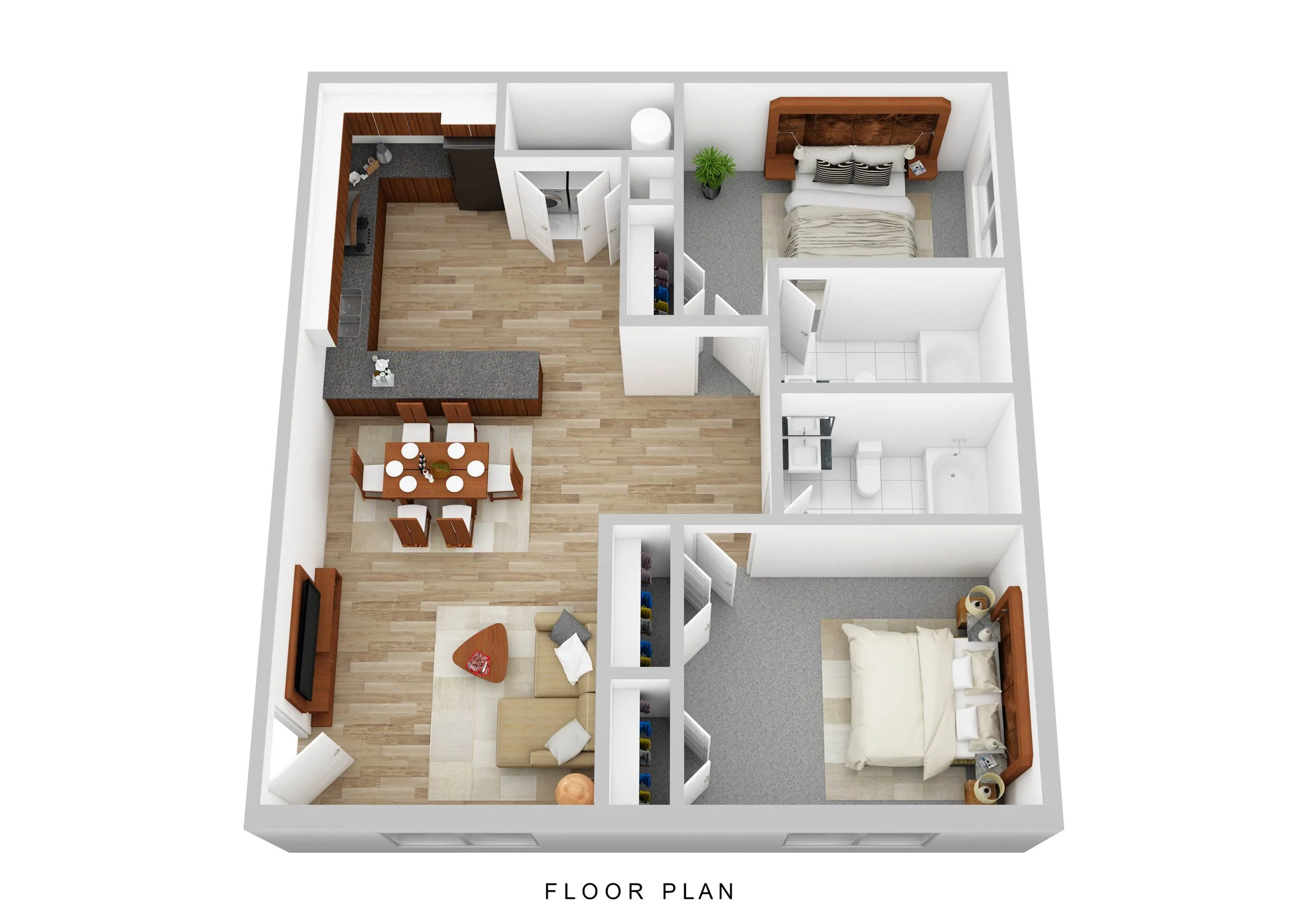 Elegant 3D floor plan showcasing a modern two-bedroom apartment with an open-concept kitchen and cozy living area.