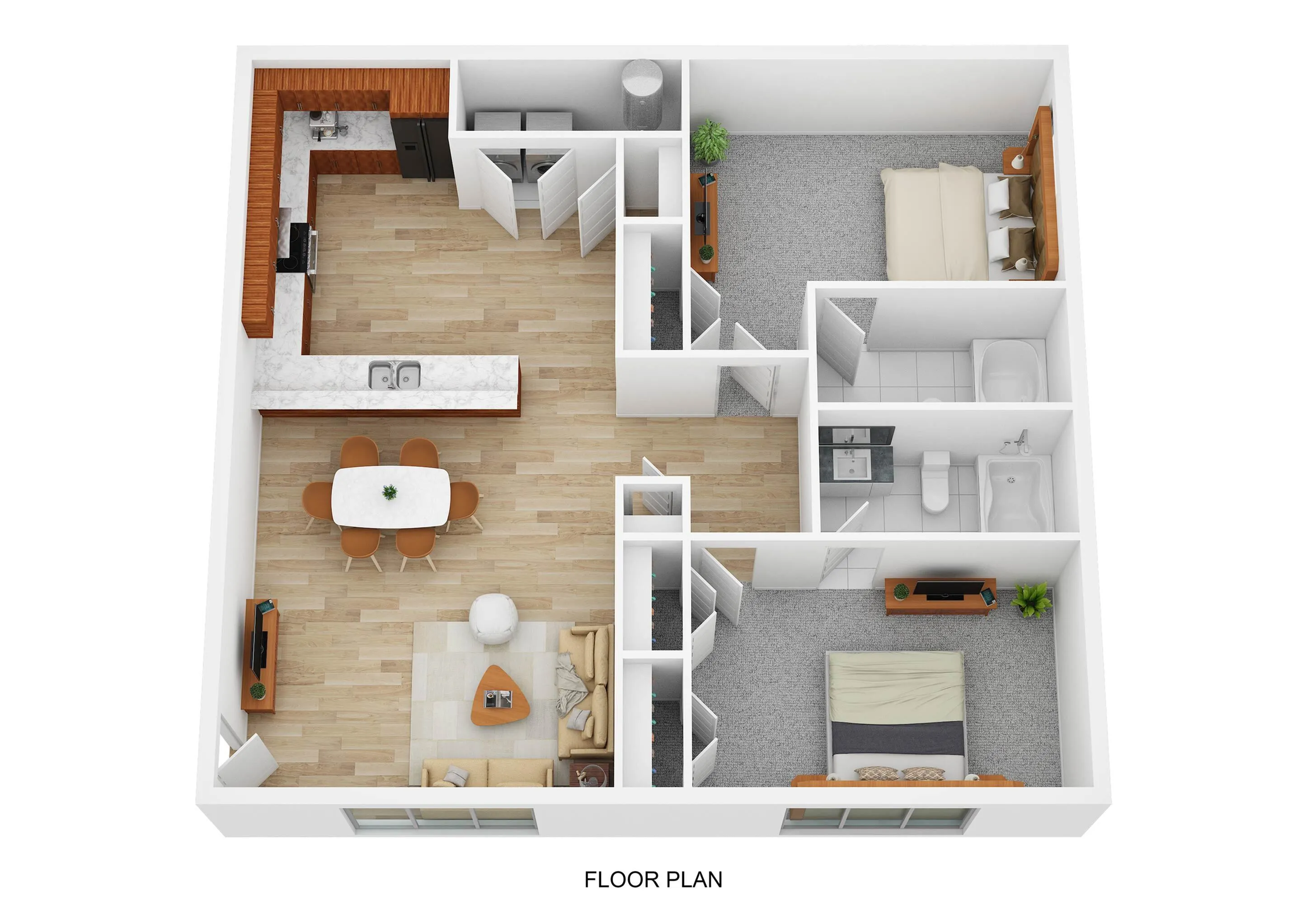 Modern floor plan displaying a spacious 2-bedroom apartment, featuring an open-concept kitchen and dining area, cozy living room, and two stylish bathrooms.
