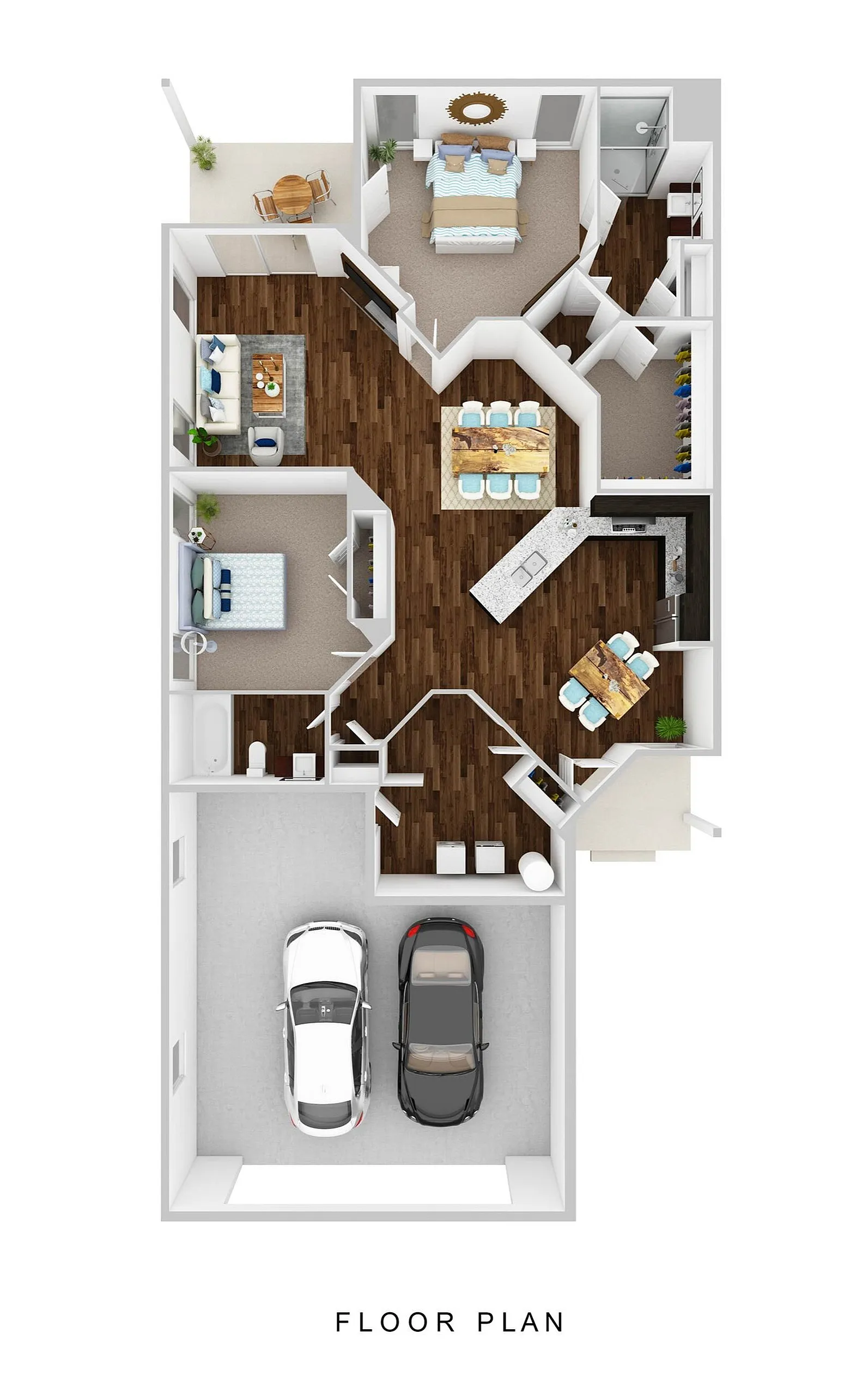 Charming 3D floor plan featuring 2 bedrooms, open-concept living space, modern kitchen with island, and dual car garage.