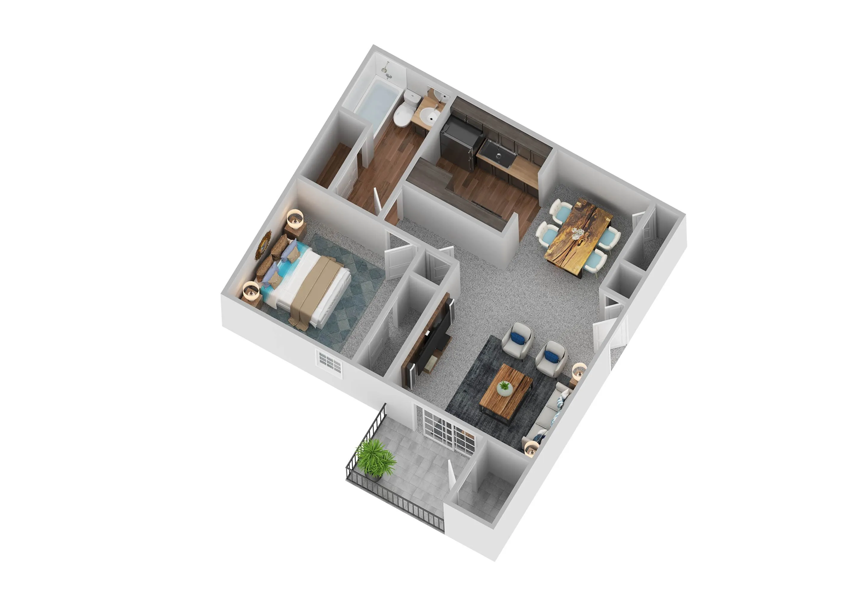 Charming 3D apartment layout featuring a cozy bedroom, elegant bathroom, modern kitchen, and inviting living-dining area with a balcony.