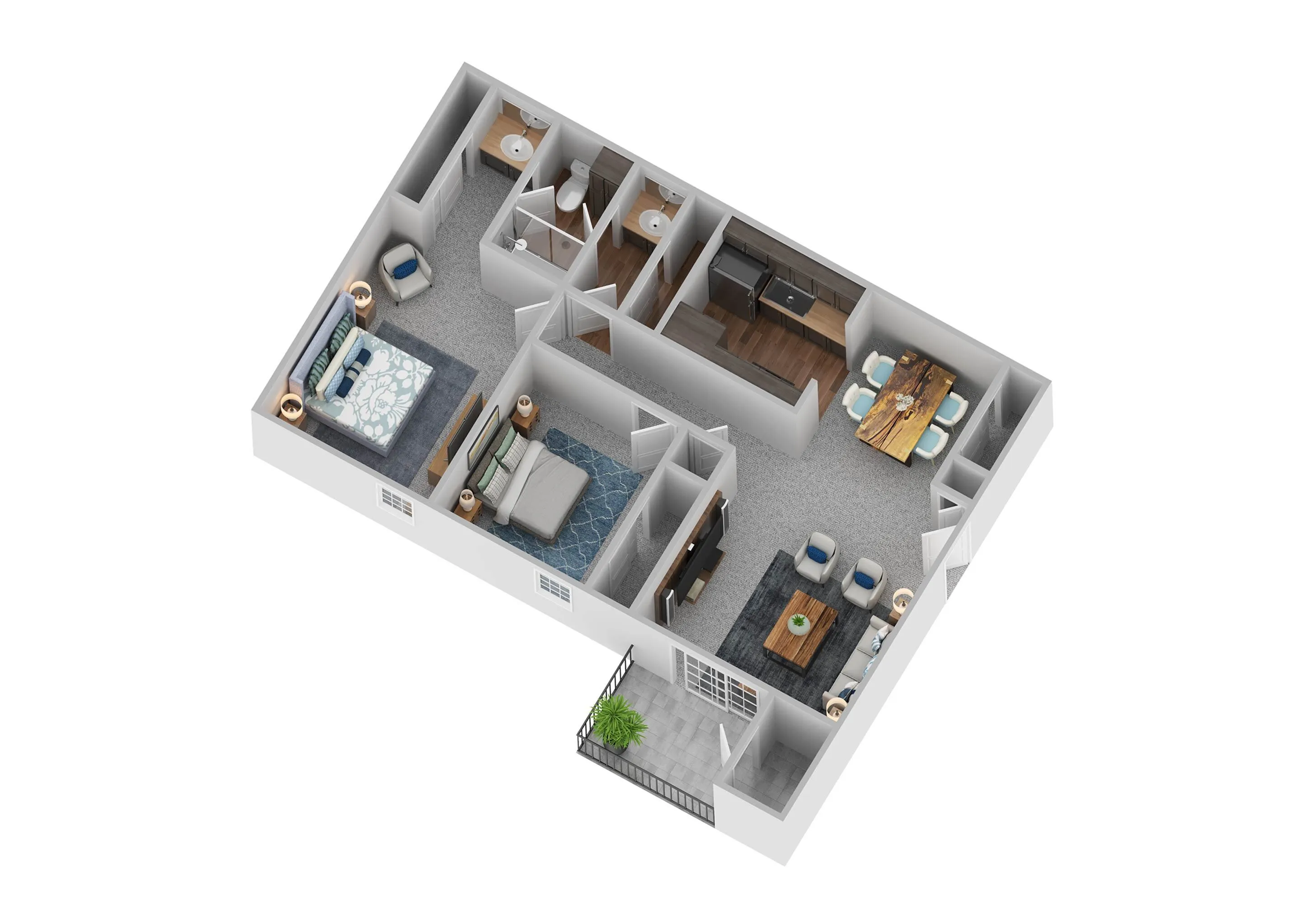 Elegant 3D floor plan featuring two bedrooms, a cozy living room, modern kitchen, dining area, and balcony access.