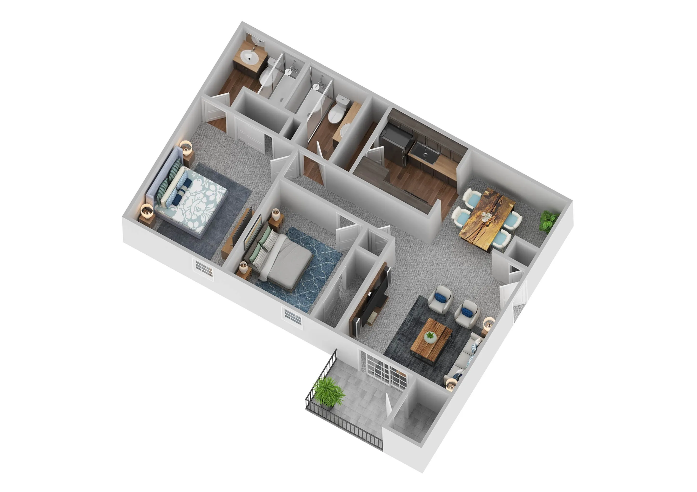 Modern 3D floor plan showcasing two bedrooms, a stylish open concept living and dining area, and a cozy kitchen, complete with outdoor balcony access.
