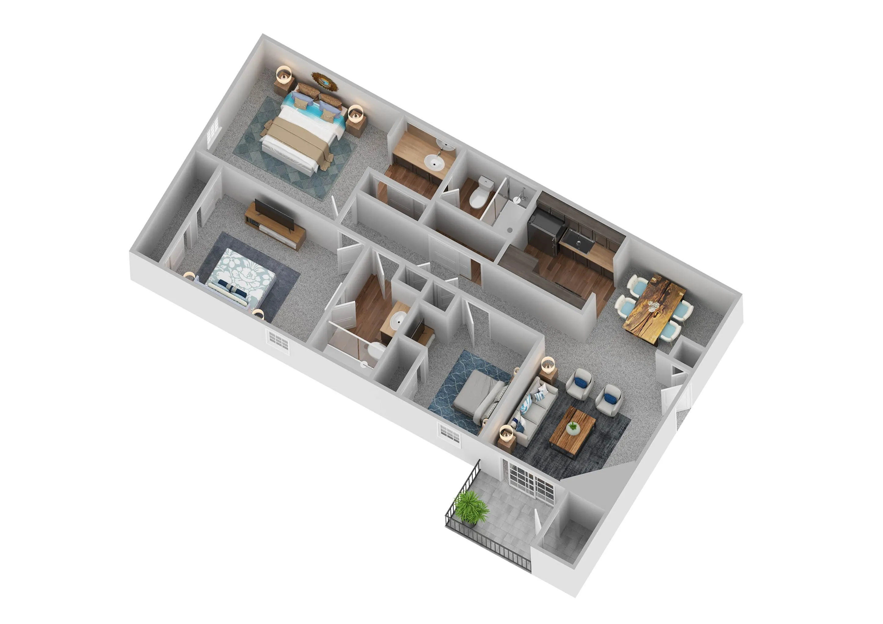 Modern 3D floor plan showcasing 3 bedrooms, a stylish open-concept living and dining area, a sleek kitchen, and a private balcony.