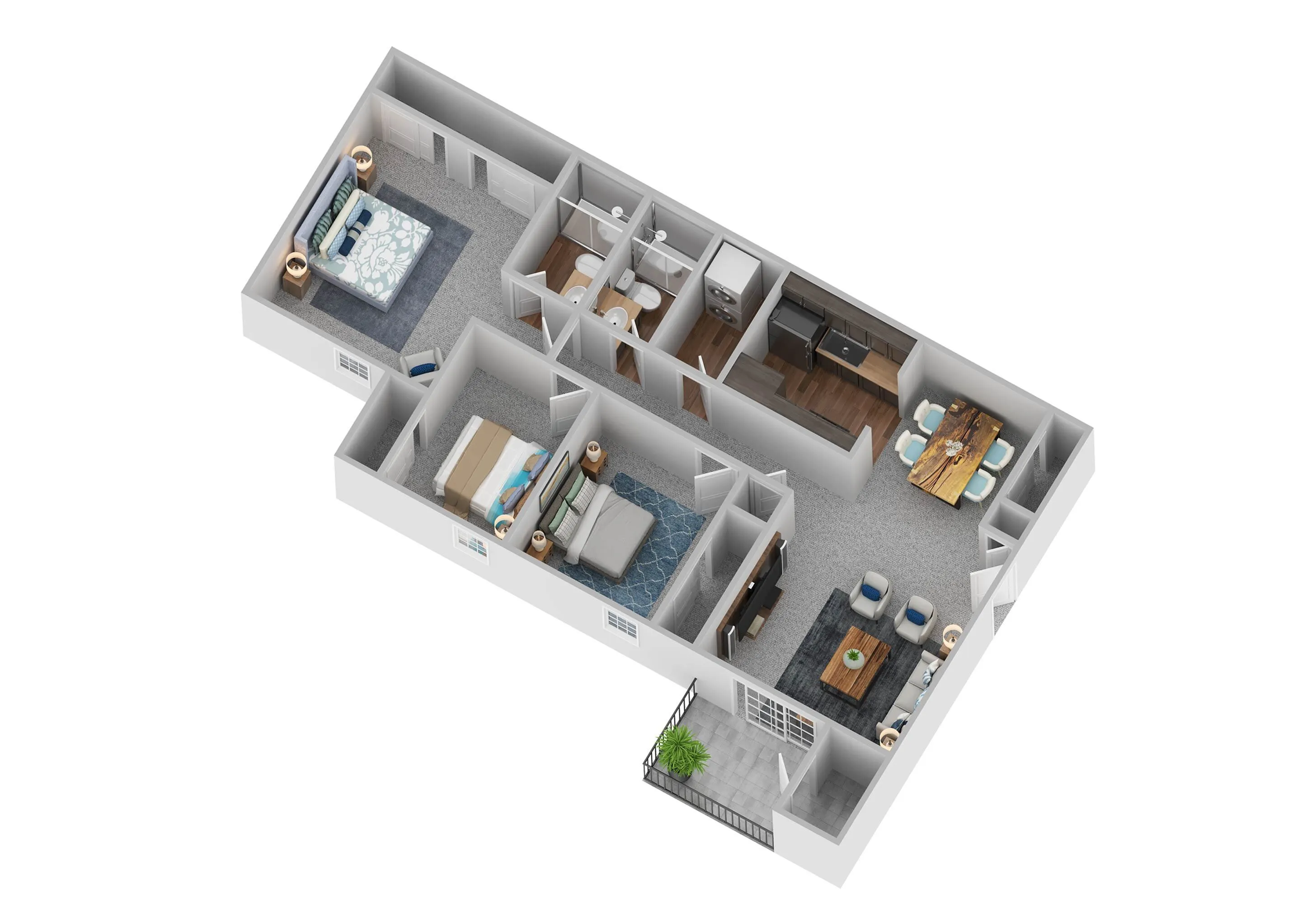 Elegant 3D floor plan showcasing 3 bedrooms, modern kitchen, open living and dining area, and a charming balcony.