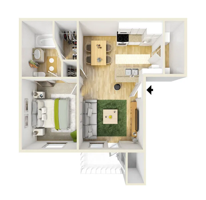 Charming 3D floor plan showcasing a cozy one-bedroom apartment with modern kitchen, inviting living area, spacious bathroom, and dining space.
