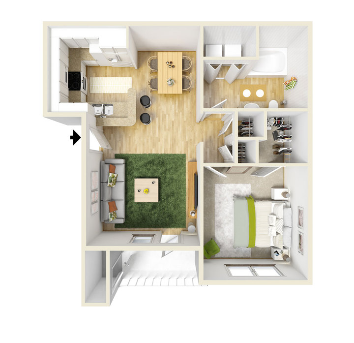 Chic apartment floor plan with 1 bedroom, open kitchen and dining, cozy living area, and modern bathroom.