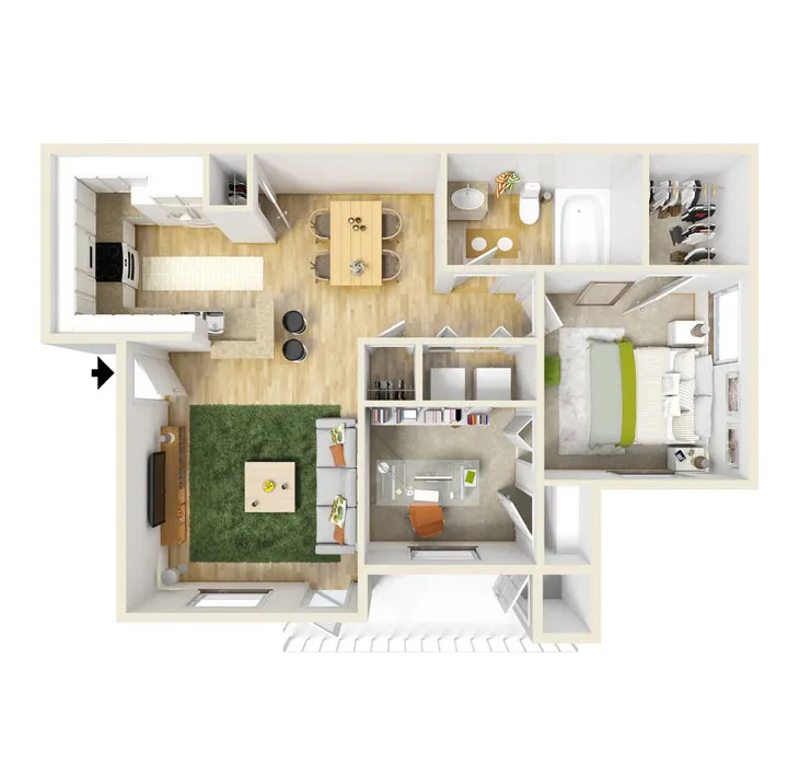Inviting floor plan featuring a cozy bedroom, stylish open-concept living area, modern kitchen with breakfast bar, and elegant dining space.