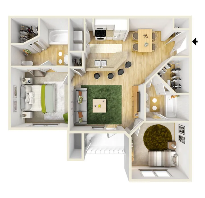 Chic and modern floor plan showcasing 2 bedrooms, spacious living area, stylish kitchen with island, and elegant dining space.