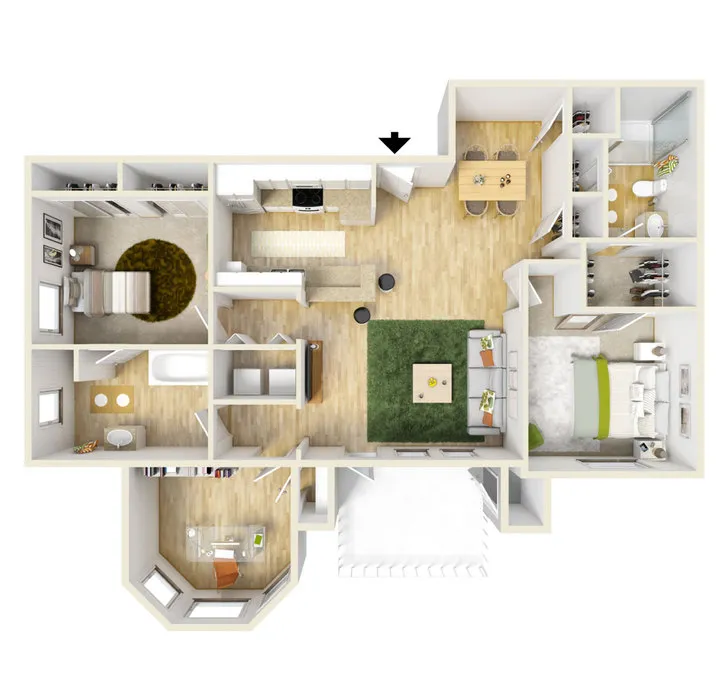 Modern 3D floor plan showcasing a stylish apartment with two bedrooms, a spacious living area, open kitchen, and a cozy dining space.