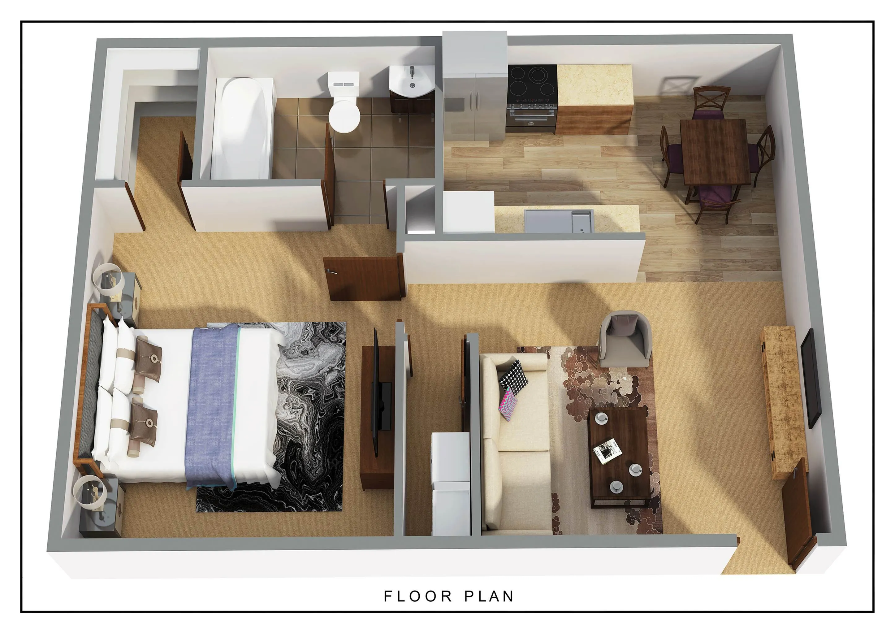 Modern 1-bedroom apartment floor plan featuring an open-concept living area, kitchen with dining space, and cozy bedroom with en-suite bathroom. Stylish design with wood and carpet flooring.
