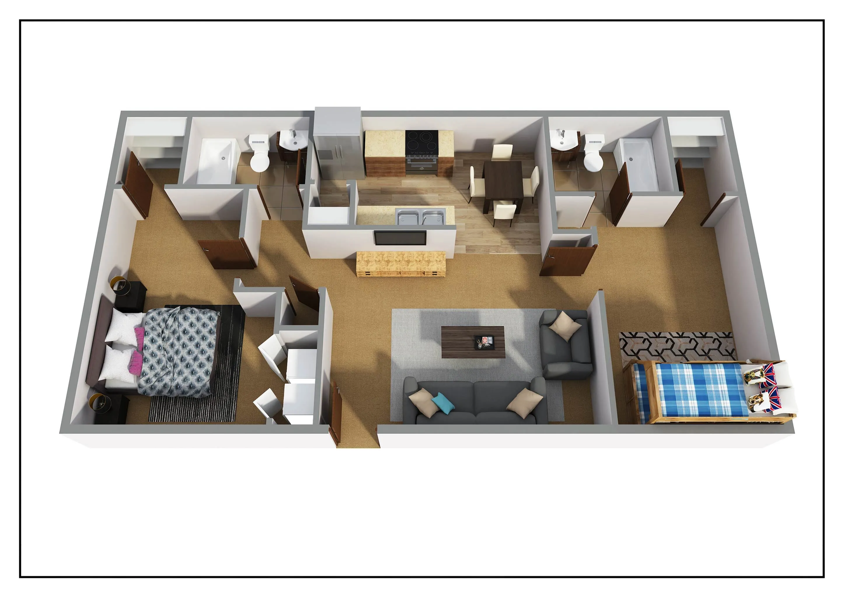 Modern apartment floor plan showcasing 2 cozy bedrooms, open-concept living area, functional kitchen, and 2 sleek bathrooms.