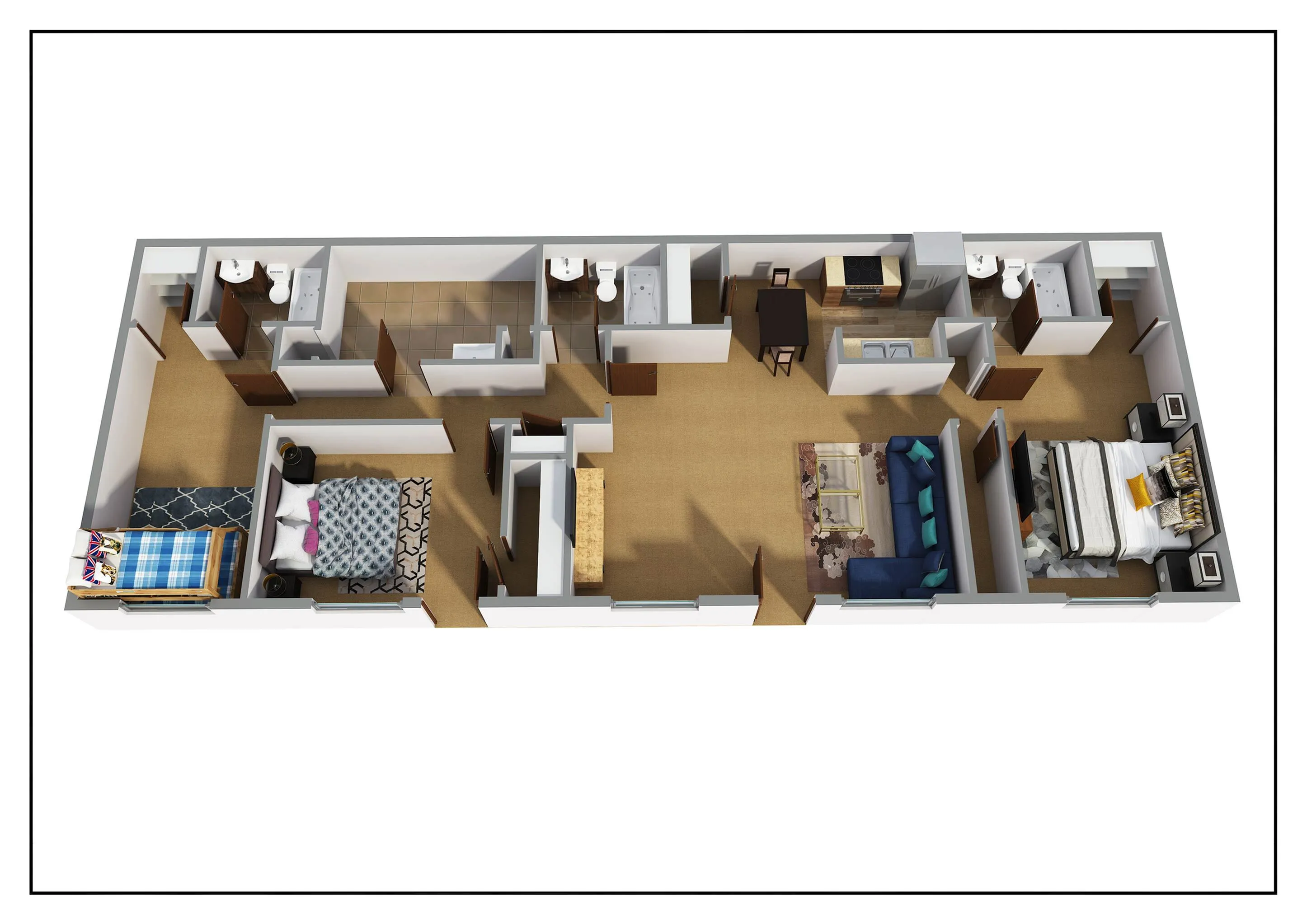 Modern 3D floor plan showcasing a spacious three-bedroom apartment with two bathrooms, an inviting open-plan living area, and a well-equipped kitchen.