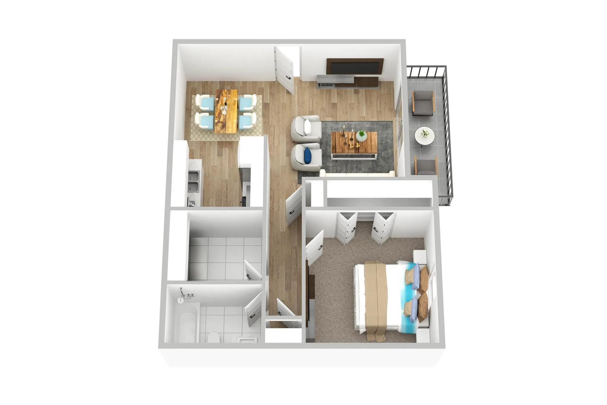 Modern 3D floor plan showcasing a cozy one-bedroom apartment with an open living and dining area, sleek kitchen, stylish bathroom, and a charming balcony.