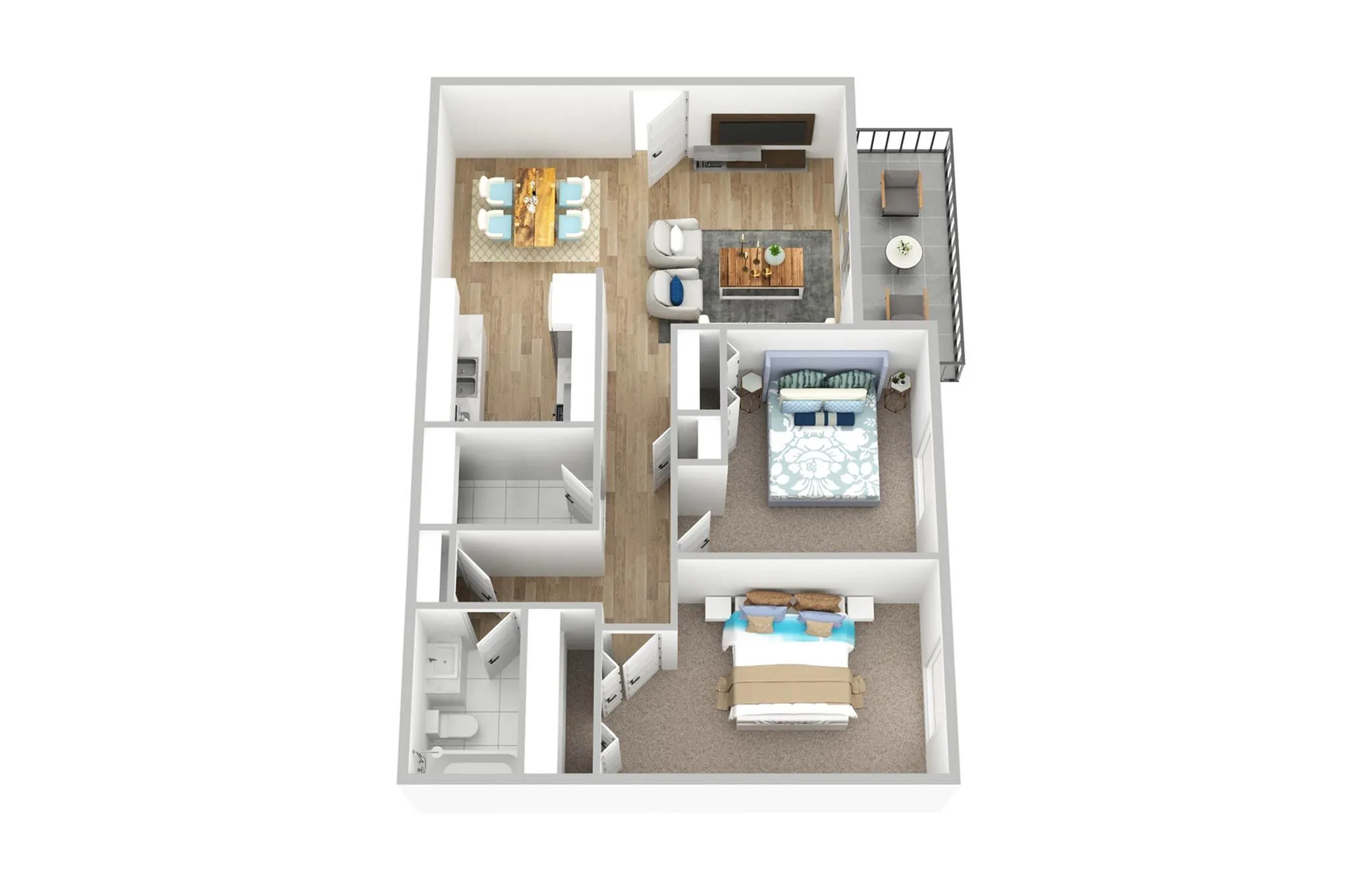 Charming 3D floor plan showcasing 2 cozy bedrooms, elegant living area, modern dining space, and inviting balcony.