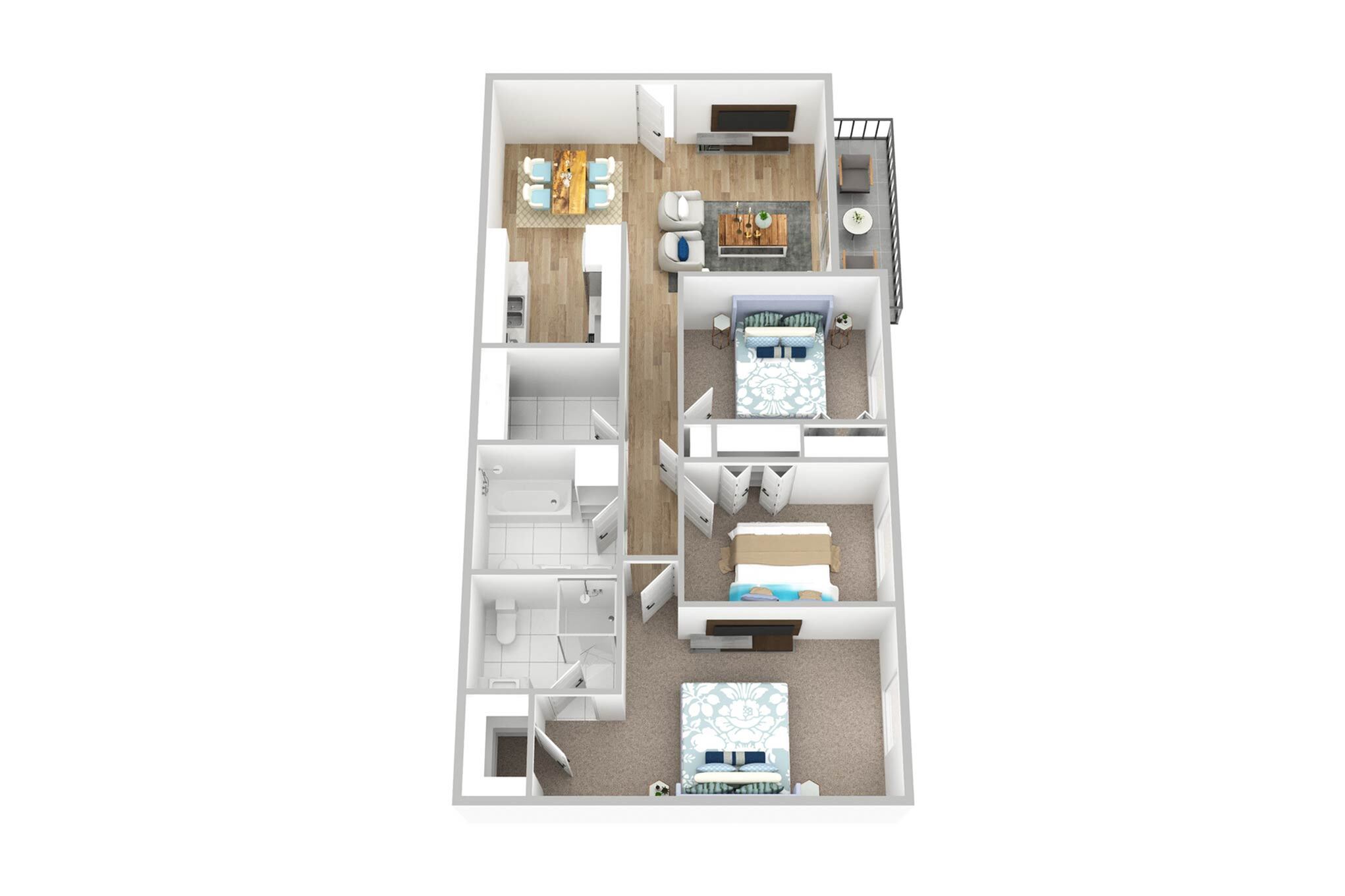 Inviting floor plan showcasing three cozy bedrooms, modern open-plan living and dining area, and a stylish kitchen with balcony access.