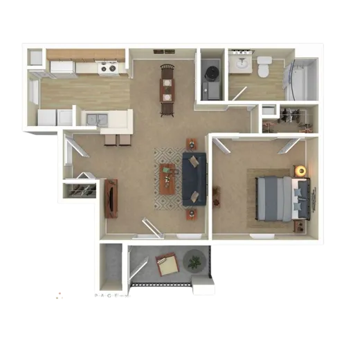 Elegant 3D floor plan showcasing a thoughtfully designed apartment with one bedroom, a stylish living area, modern kitchen, and spacious bathroom, perfect for contemporary living.