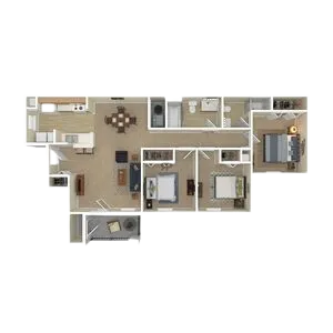 Inviting apartment floor plan with three cozy bedrooms, modern kitchen, and open-concept living-dining area designed for comfort and style.